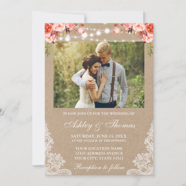Rustic Wedding Lace Coral Floral Photo Kraft Invitation (Front)