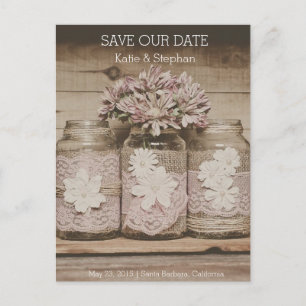 Rustic Wedding Lace Jars SAVE THE DATE Postcard