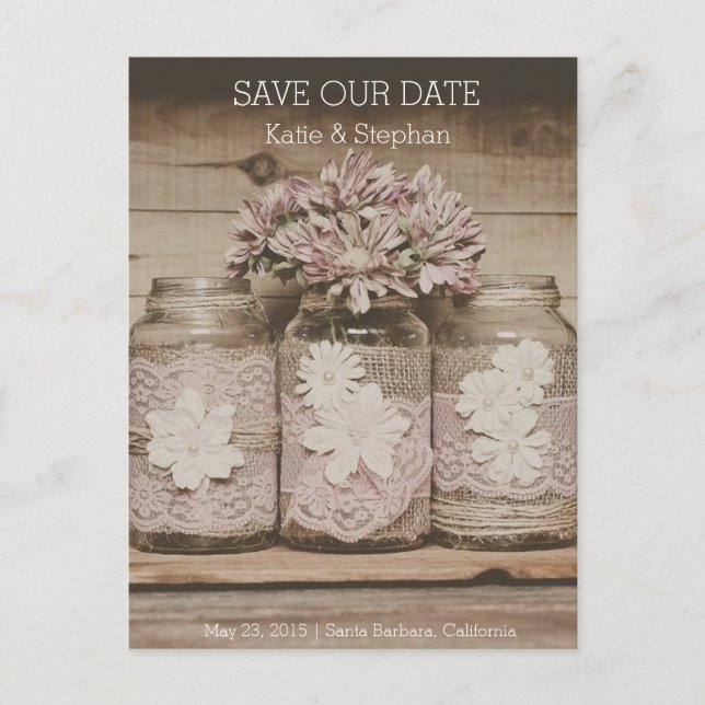 Rustic Wedding Lace Jars SAVE THE DATE Postcard (Front)