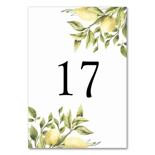 Rustic Wedding Lemon Greenery Table Number (Front)