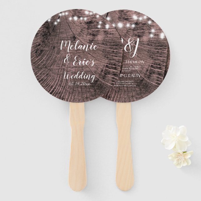 Rustic Wedding Log Lights Wedding Program Hand Fan (Front and Back)