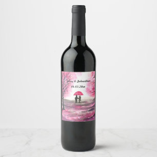 Rustic wedding love couple cherry blossoms tree  wine label