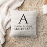 Rustic Wedding Monogram Couple  Throw Pillow<br><div class="desc">Rustic weathered white washed wood wedding monogram initial and newlyweds name and date established. The stylish script and serif typeface contrast gives this design a contemporary rustic vibe.</div>