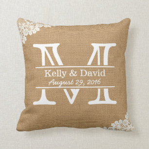 Rustic Wedding Monogram Faux Burlap & Lace Throw Pillow