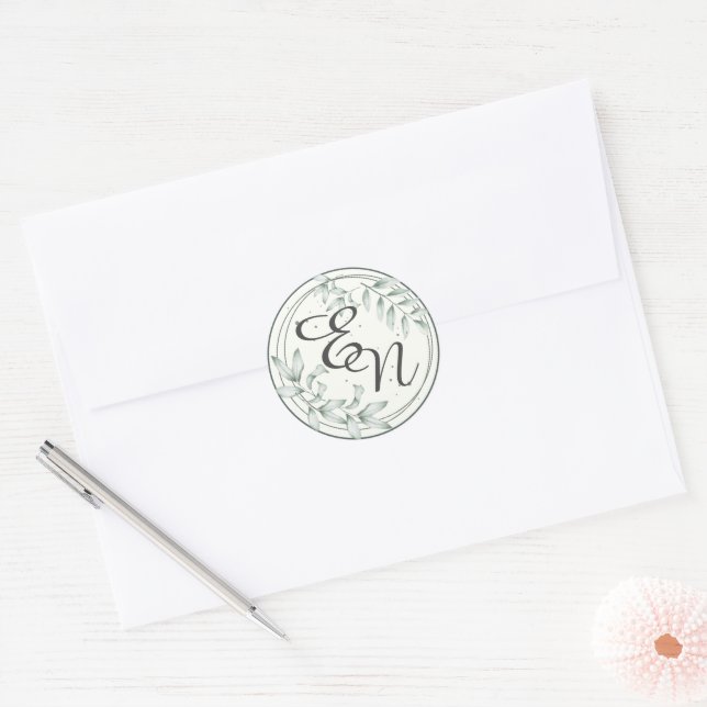 Rustic Wedding Monogram Green Leaves Round Sticker (Envelope)