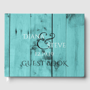 Rustic Wedding Monogram   Turquoise Weathered Wood Guest Book
