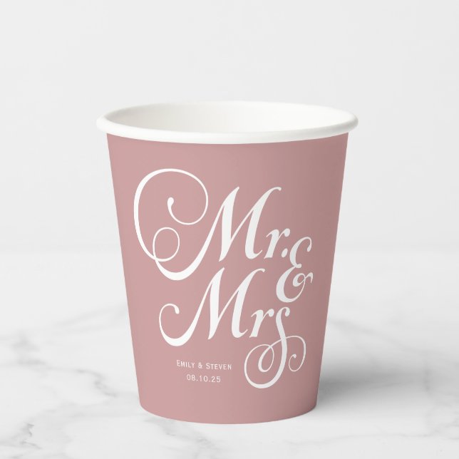 Rustic wedding mr & mrs Dusty Pink personalized Paper Cups (Front)
