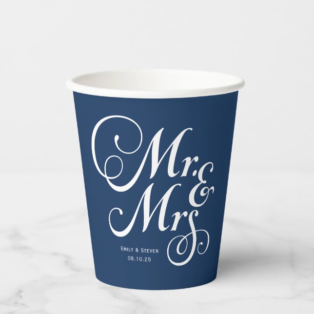 Rustic wedding mr & mrs Navy Blue personalized Paper Cups (Front)