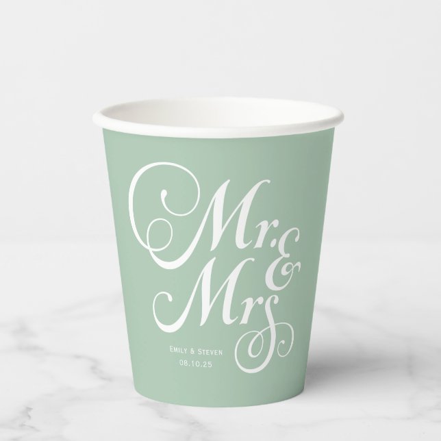 Rustic wedding mr & mrs Sage Green personalized Paper Cups (Front)