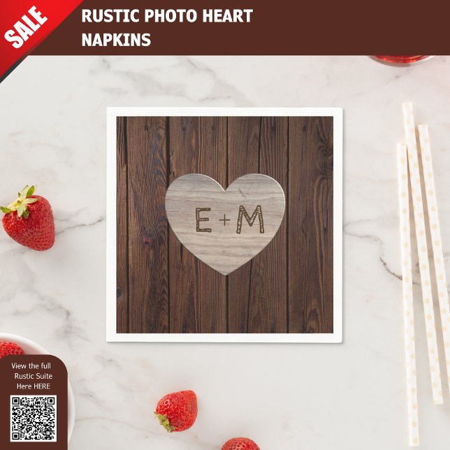 RUSTIC WEDDING NAPKINS CARVED HEART INITIALS LOVE (Creator Uploaded)