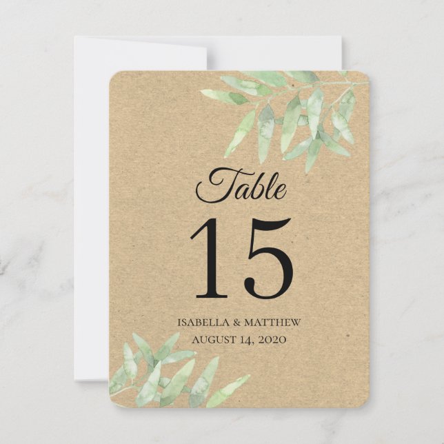 Rustic wedding. Olive Branch. Kraft Table numbers (Front)