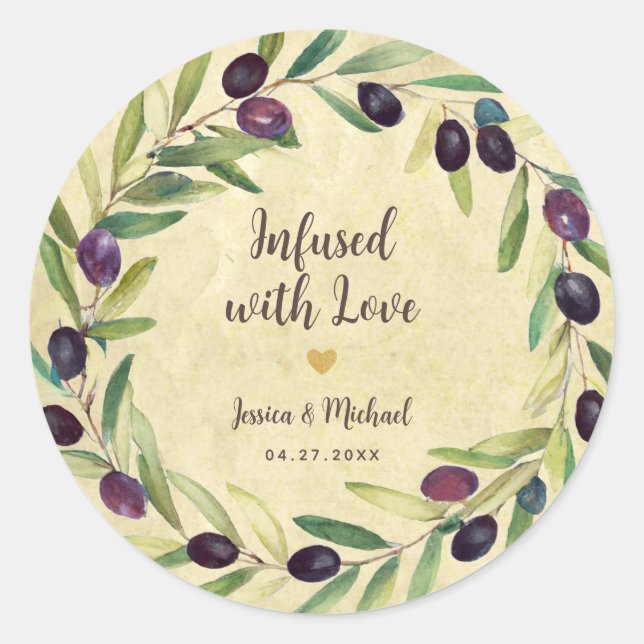 Rustic Wedding Olive Oil Wreath Infused with Love Classic Round Sticker (Front)
