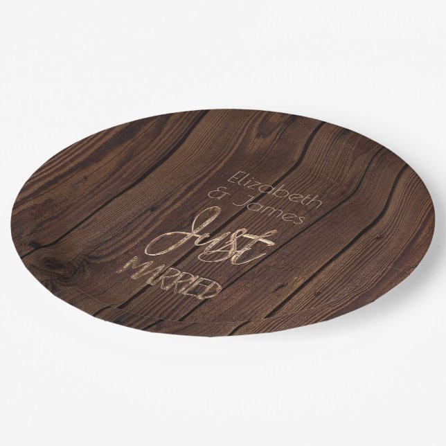 Rustic Wedding Party Dark Brown Wood Country Style Paper Plate (Angled)