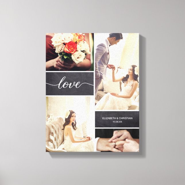 Rustic Wedding Photo Collage Love script Canvas Print (Front)