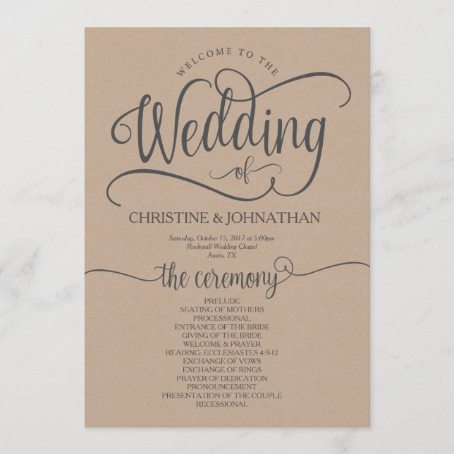 Rustic wedding program card 5x7 calligraphy design (Front)