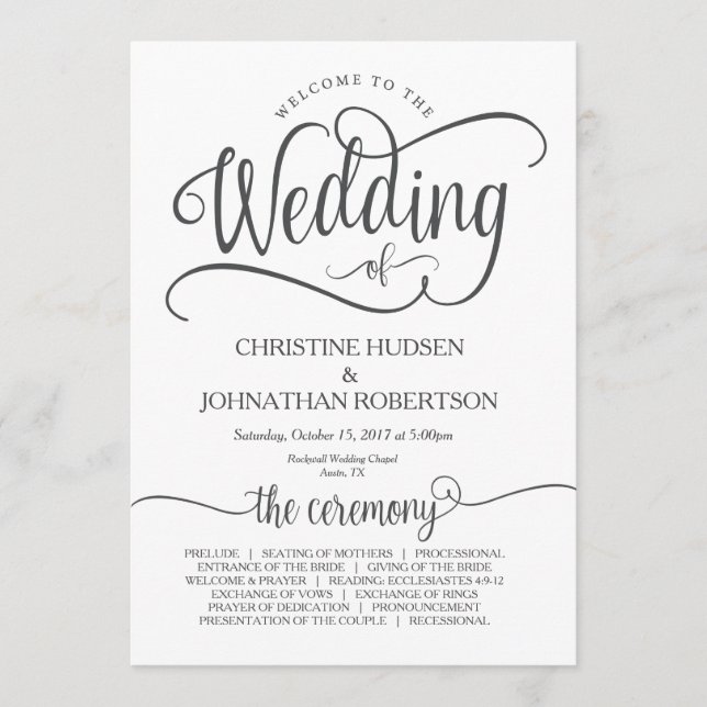 Rustic wedding program card calligraphy design v3 (Front)