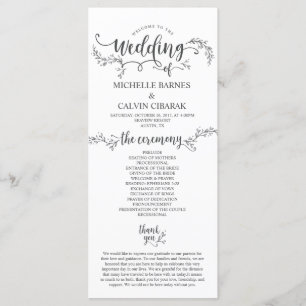 Rustic Wedding program card in calligraphy design