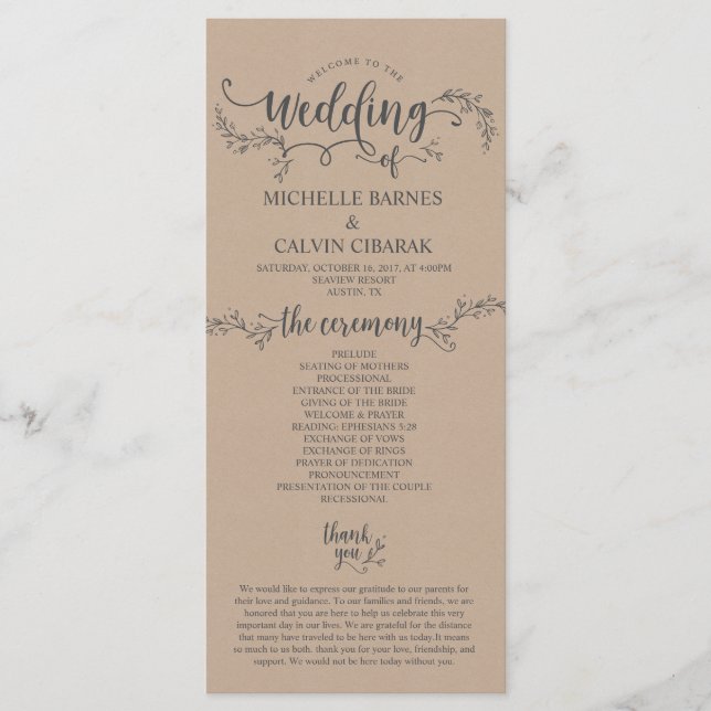 Rustic Wedding program card in kraft background (Front)