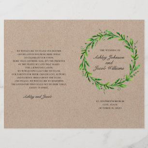Rustic wedding program. Country green botanical