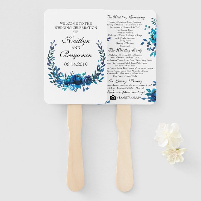 Rustic Wedding Program Fan Blue Watercolor Flowers (Front and Back)