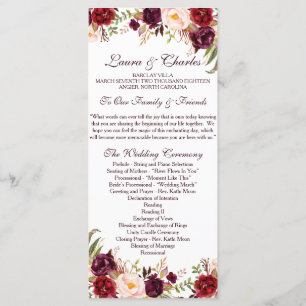 Rustic Wedding Program Marsala Watercolor Flowers