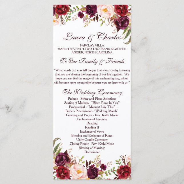 Rustic Wedding Program Marsala Watercolor Flowers (Front)