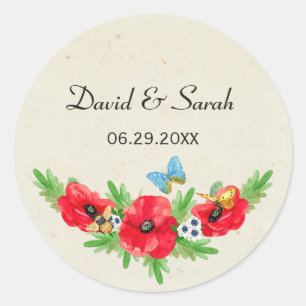 Rustic Wedding Red Poppy Watercolor With Names Classic Round Sticker