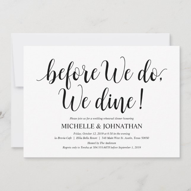 Rustic Wedding Rehearsal Dinner, Black and White Invitation (Front)