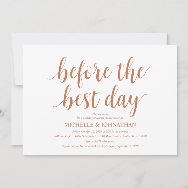 Rustic Wedding Rehearsal Dinner, Modern Copper Invitation (Front)