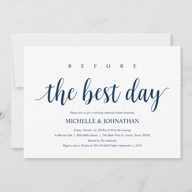 Rustic Wedding Rehearsal Dinner, Navy Blue Invitation (Front)