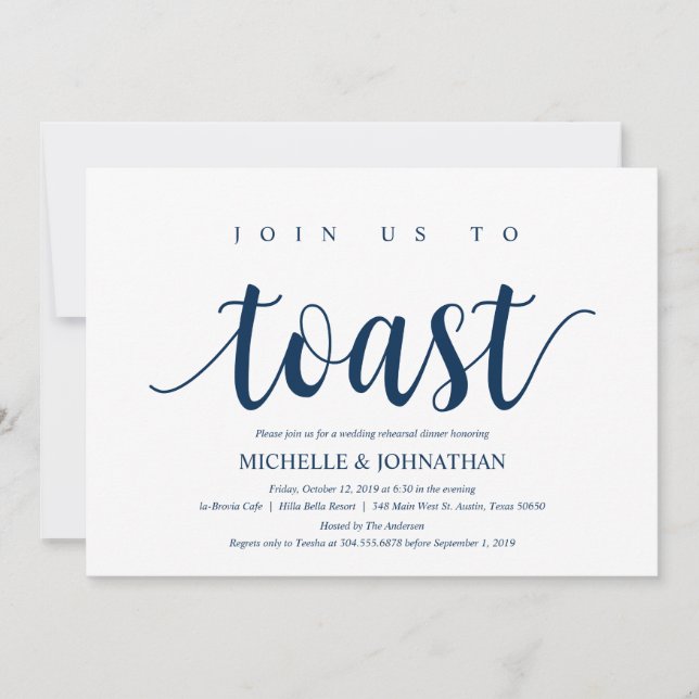 Rustic Wedding Rehearsal Dinner, Navy Blue Invitation (Front)