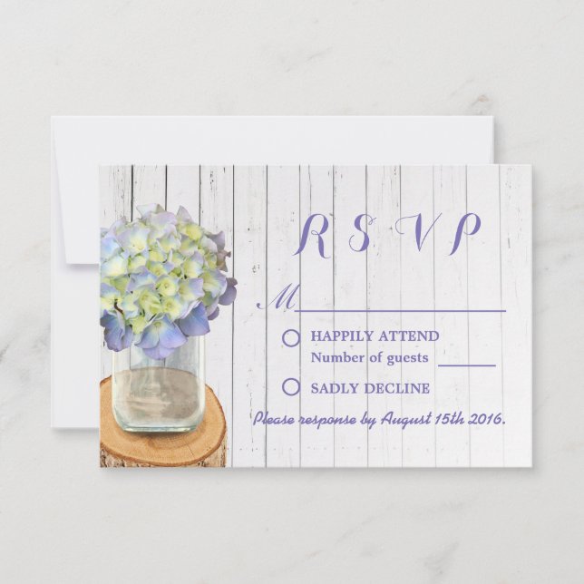Rustic Wedding RSVP Mason Jar & Hydrangea Card (Front)