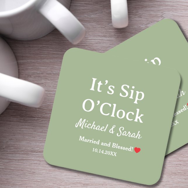 Rustic Wedding Sage Green It’s Sip O’Clock Custom Square Paper Coaster (Creator Uploaded)