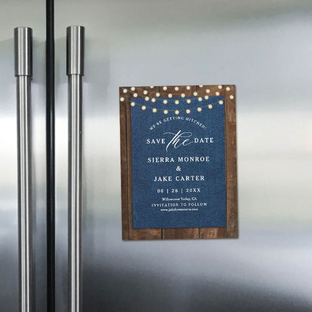 Rustic Wedding Save Date Wood Lights Denim Magnet (magnet wedding save the date rustic wood dark denim string lights blue white calligraphy chic )