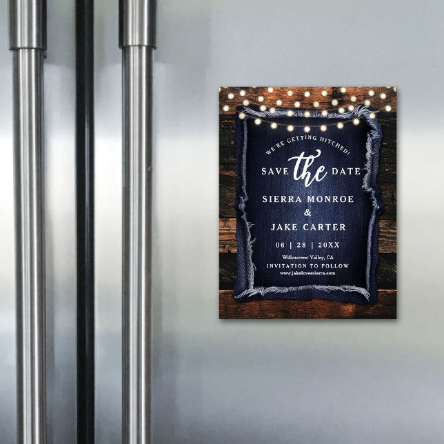 Rustic Wedding Save Date Wood Lights Denim Magnet (rustic wedding save the date magnet barn wood slice grain denim ranch country western casual chic)