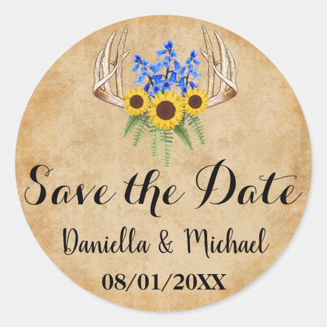 Rustic Wedding Save the Date Classic Round Sticker (Front)