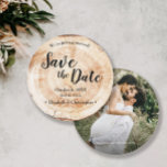 Rustic Wedding Save the date photo Wood Grain Invitation<br><div class="desc">Introducing our Rustic Wedding Save the Date Photo Wood Grain Invitation—a blend of natural charm and romantic elegance, perfectly tailored to your rustic wedding theme. This unique round card captures the essence of wood grain, emulating the rustic disc slices often seen at beautiful and romantic weddings. 💍 Rustic Elegance: Immerse...</div>