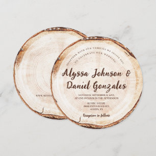 Rustic Wedding Script names Wood Cut slice disc Invitation
