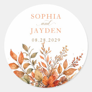 Rustic Wedding Sticker Autumn Leaves Floral Orange