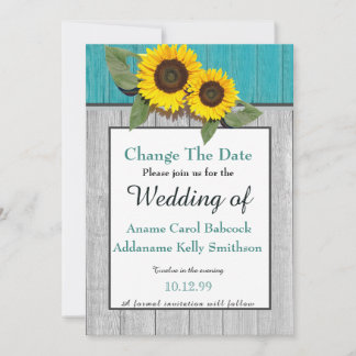 Rustic Wedding  Sunflower Teal Grey Wood Chic Save The Date