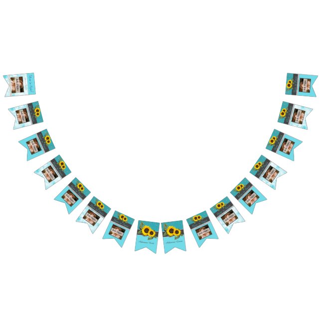 Rustic Wedding  Sunflower Teal Wood Grey Stripe Bunting Flags (All)