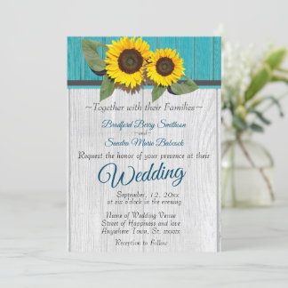 Rustic Wedding  Sunflower Teal Wood Grey Stripe In Invitation