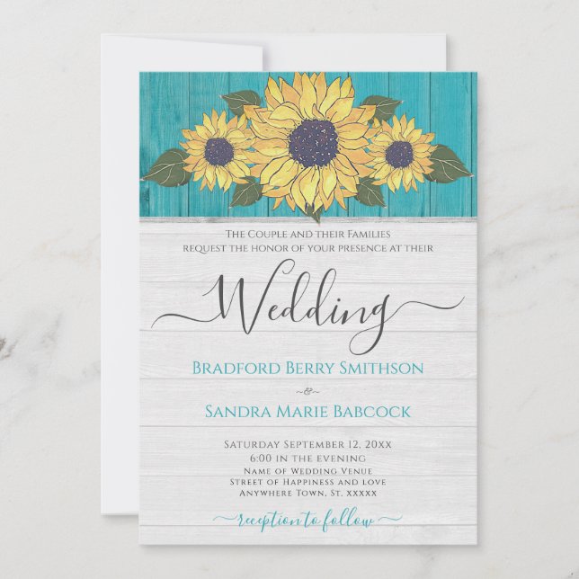 Rustic Wedding Sunflower Yellow Teal Grey Wood  Invitation (Front)