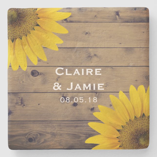 Rustic Wedding Sunflowers Wood Country Monogram Stone Coaster (Front)