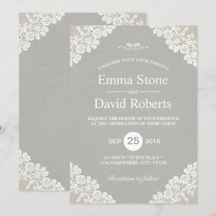 Rustic Wedding Vintage White Lace Elegant Grey Invitation