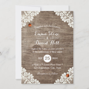 Rustic Wedding Vintage White Lace Ladybugs Invitation
