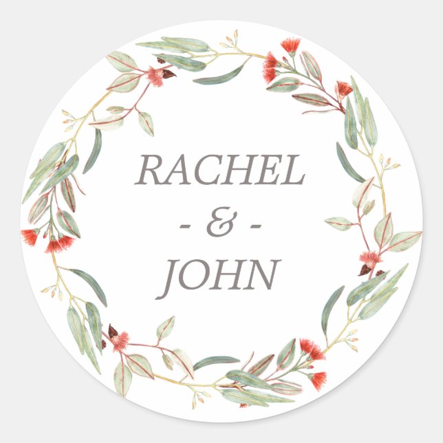 Rustic Wedding Watercolor Australian Flowers Classic Round Sticker (Front)