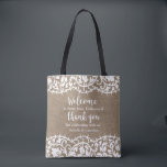 Rustic Wedding Welcome and Thank you Personalized Tote Bag<br><div class="desc">Surprise your out of town hotel guests with this personalized tote bag featuring a vintage lace border set against a rustic faux burlap background. Add your wedding location and the bride and groom's names to the fun script words "Welcome" and "Thank You". Fill with goodies for the weekend - water,...</div>