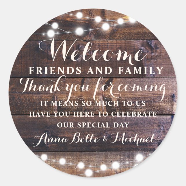 Rustic Wedding Welcome Favour Barn String lights Classic Round Sticker (Front)