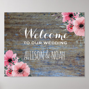 Rustic Wedding Welcome Sign   Floral Woodgrain